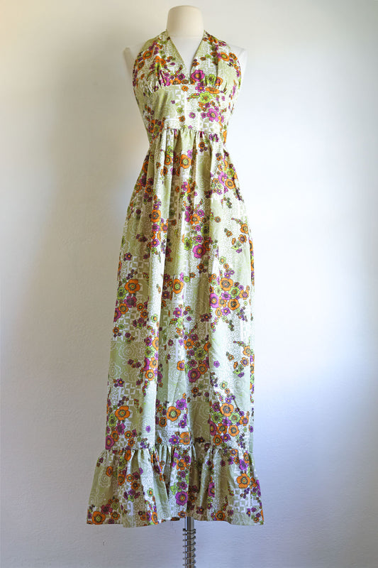 Vintage 1970s Dress - Sage Green Cotton Halter Maxi Mod Floral Hippie Sundress Size XS