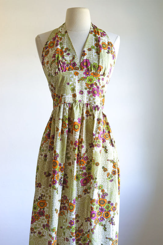 Vintage 1970s Dress - Sage Green Cotton Halter Maxi Mod Floral Hippie Sundress Size XS