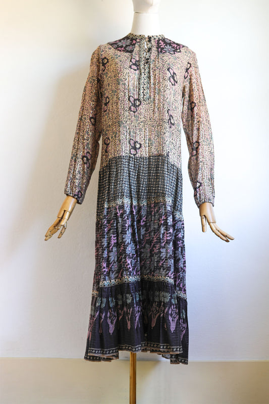 Vintage 1970s Dress - Stunning Black Floral Pink Plum Indian Cotton Gauze Gown w Silver Metallics Size S to M