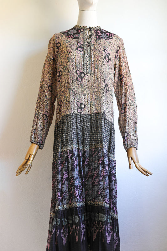Vintage 1970s Dress - Stunning Black Floral Pink Plum Indian Cotton Gauze Gown w Silver Metallics Size S to M