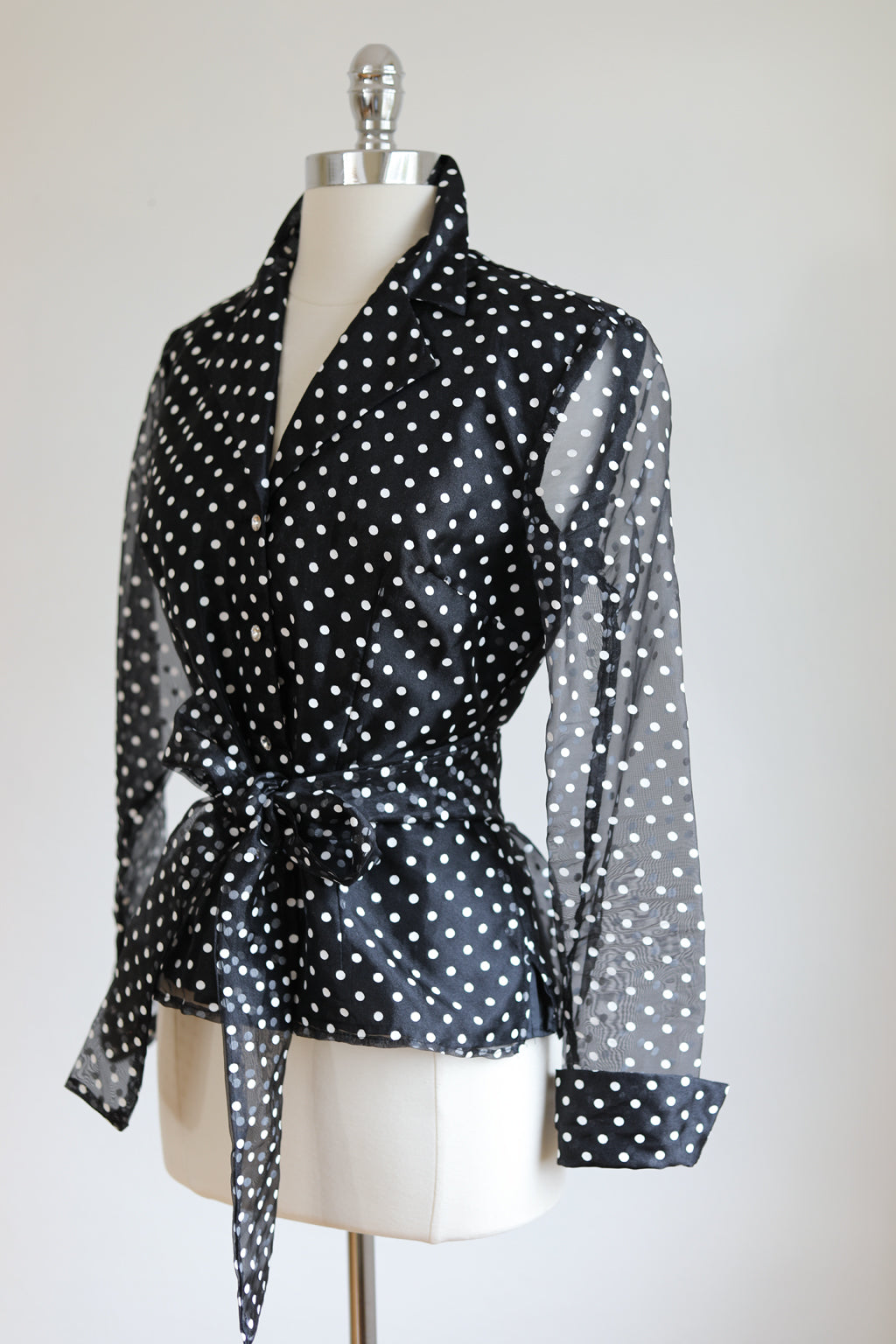 Vintage 1980s does 1950s Blouse - Black White "Painted" Polka Dot w Sheer Stabby Sleeves Top + Belt Size S to M