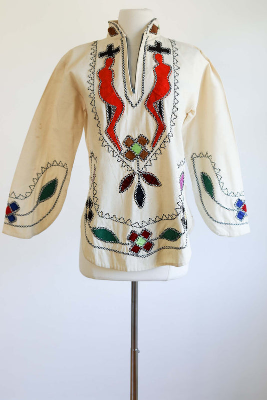 Vintage 1960s to 1970s Blouse - WEARABLE ART Velvet Applique Curvy Figures w Zipper Josefa? Tunic Size XS to M