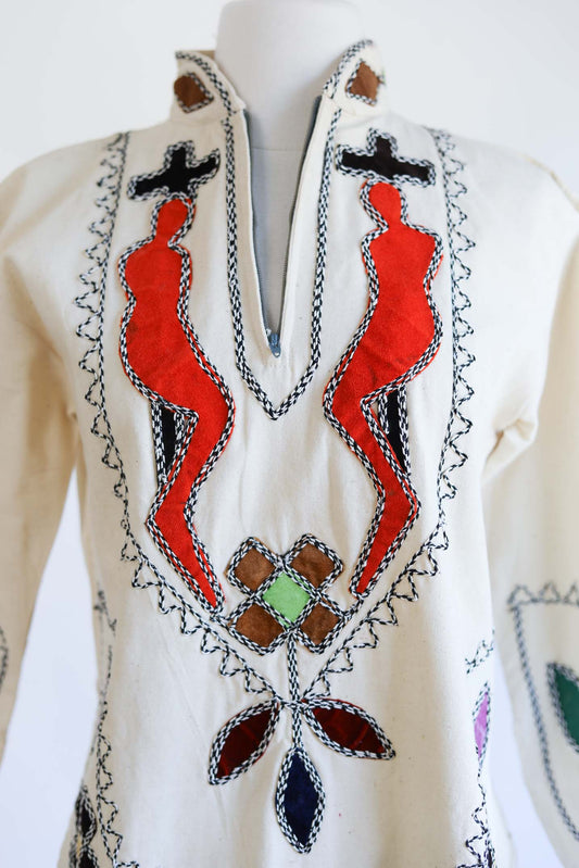 Vintage 1960s to 1970s Blouse - WEARABLE ART Velvet Applique Curvy Figures w Zipper Josefa? Tunic Size XS to M