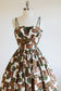 Vintage 1950s Dress - Incredible Cotton Brocade Olive + White Novelty Print Baroque Platter Sundress Size XS to S