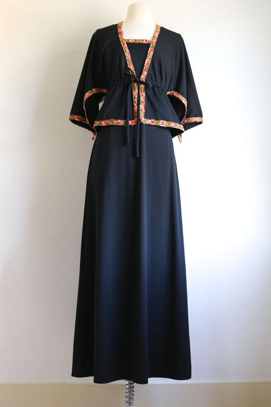 Vintage 70s Dress Set - Black Jersey Knit Maxi Sundress + Jacket w Cotton Embroidery Size S