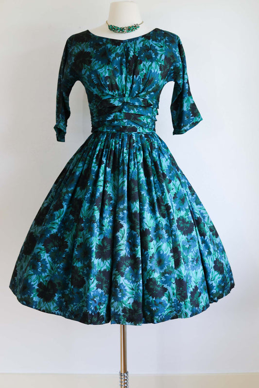 Vintage 1950s Party Dress - SPLENDID Deep Teal Green Black Taffeta Full Skirt Dress Size S