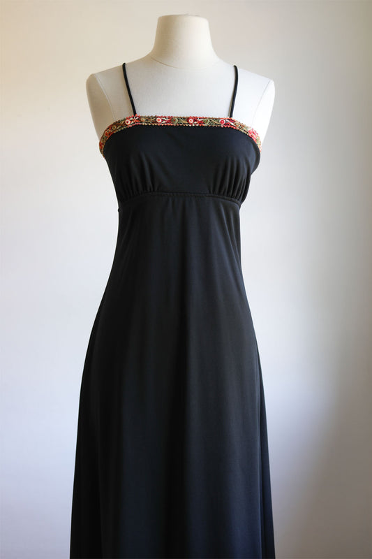 Vintage 70s Dress Set - Black Jersey Knit Maxi Sundress + Jacket w Cotton Embroidery Size S