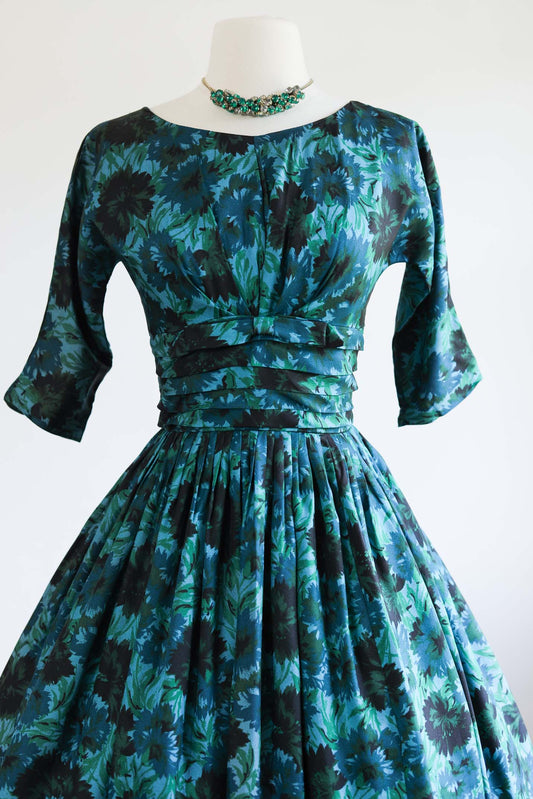 Vintage 1950s Party Dress - SPLENDID Deep Teal Green Black Taffeta Full Skirt Dress Size S