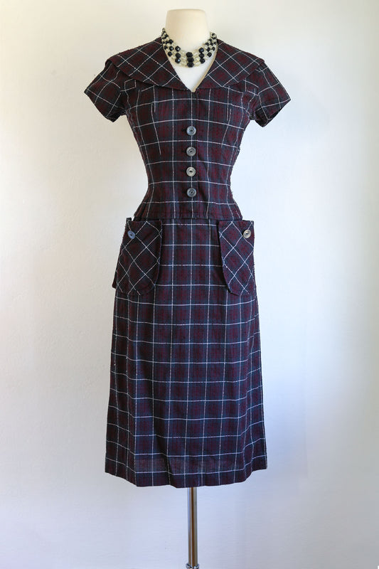 Vintage 1950s Dress - Pert Wine Charcoal Window Pane Plaid Cotton Bobbie Brooks Princess Dress Size S