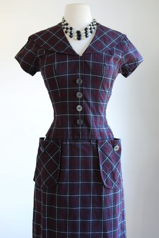 Vintage 1950s Dress - Pert Wine Charcoal Window Pane Plaid Cotton Bobbie Brooks Princess Dress Size S