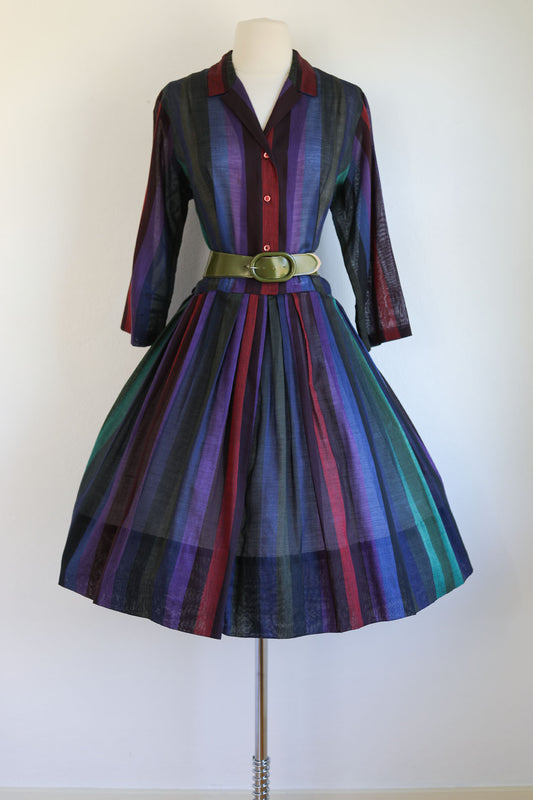 Vintage 1950s Dress - Volup! Autumn Jeweltone Rainbow Stripe Cotton Voile Shirtwaist Size XL