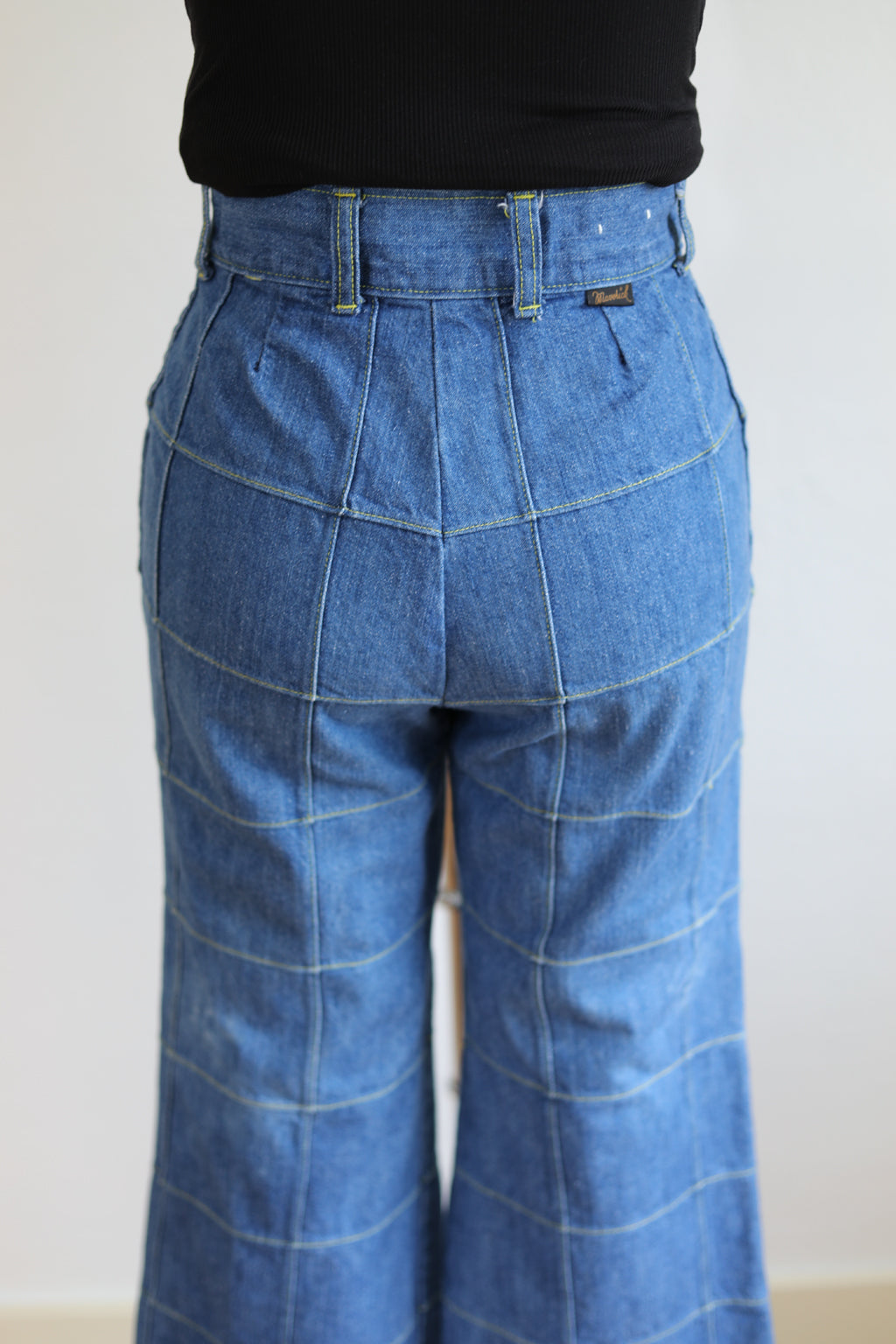 Vintage 1970s Medium Wash Denim Flares Jeans - MAVERICK Patchwork Grid Motif Bell Bottoms W26"
