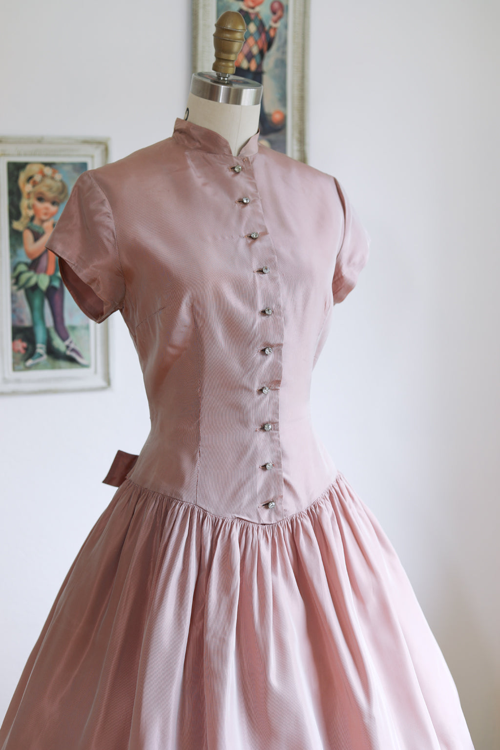 Vintage 1950s Party Dress - Darling Rose Pink Sharkskin Taffeta Vicky Vaughn w Rhinestones + Bustle Size XS - S