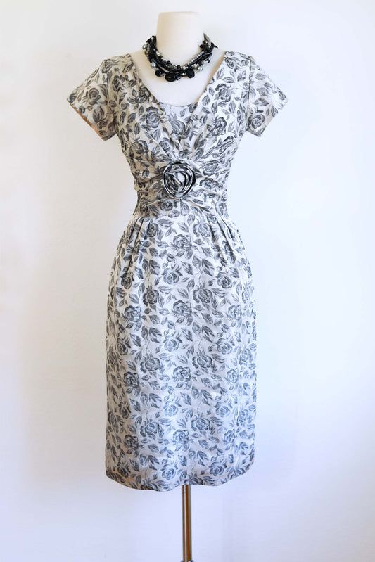 Vintage 1950s Party Dress - DEADSTOCK Elegant Silver Satin Brocade Roses Wiggle Cocktail Size S