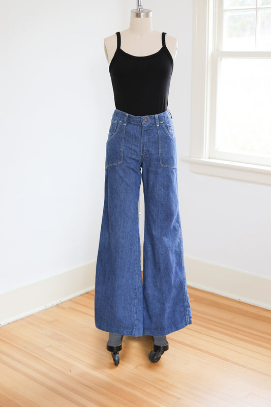 Vintage 1970s Medium Wash Denim Jeans - MAVERICK Booty-Seam Wide Mega Bell Bottoms W28/29"