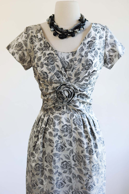 Vintage 1950s Party Dress - DEADSTOCK Elegant Silver Satin Brocade Roses Wiggle Cocktail Size S