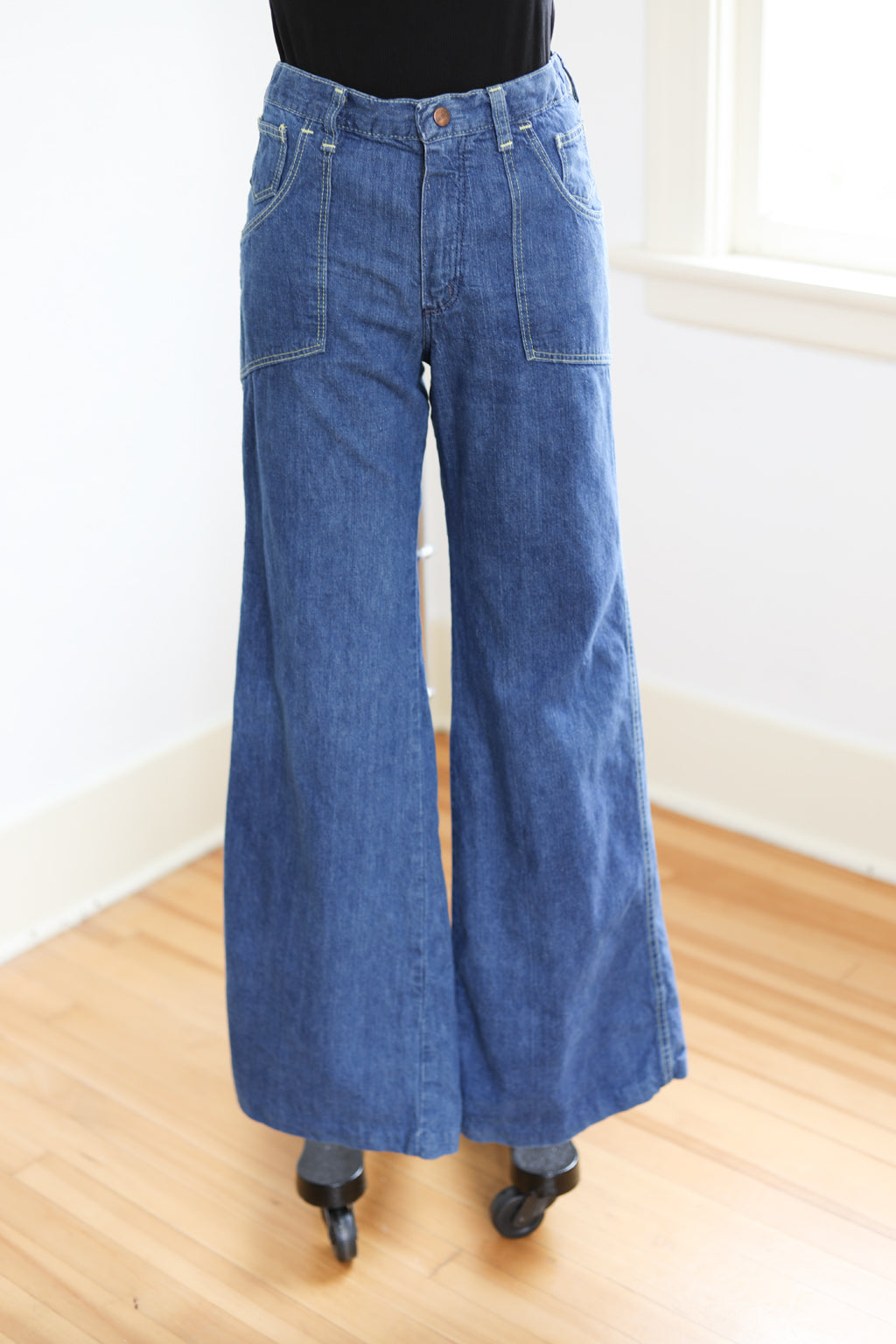 Vintage 1970s Medium Wash Denim Jeans - MAVERICK Booty-Seam Wide Mega Bell Bottoms W28/29"