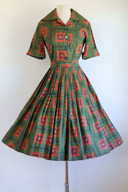 Vintage 1950s Dress - Medallion Print Olive Coral Blue Cotton Belted Shirtwaist Size M to L