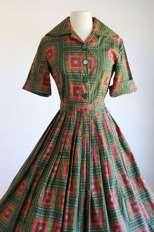 Vintage 1950s Dress - Medallion Print Olive Coral Blue Cotton Belted Shirtwaist Size M to L