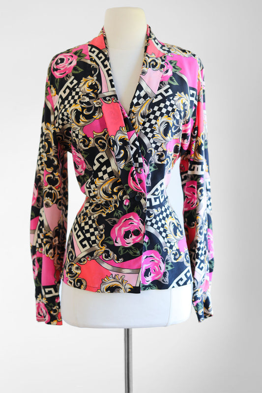 Vintage 1990s does 1940s Blouse - Surreal Italianate Baroque Rose Print Silk Designer Top Size M to L