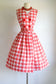 Vintage 1950s Dress - Cherry Red Pink Houndstooth Plaid Ikat Cotton Belted Shirtwaist Sundress Size L