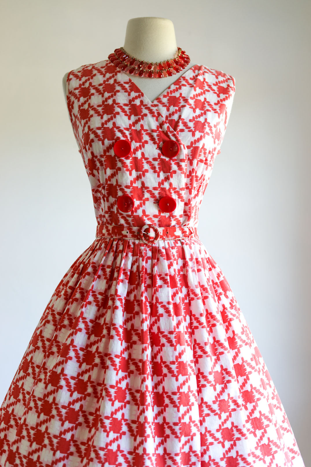 Vintage 1950s Dress - Cherry Red Pink Houndstooth Plaid Ikat Cotton Belted Shirtwaist Sundress Size L