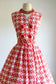 Vintage 1950s Dress - Cherry Red Pink Houndstooth Plaid Ikat Cotton Belted Shirtwaist Sundress Size L