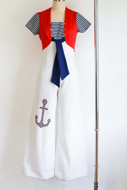 Vintage 1970s Beach Pajama-Inspired Wide Leg Jumpsuit - RARE Sailor Nautical Bell Bottom Jersey Romper Size S to M