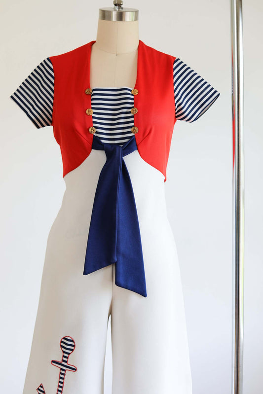 Vintage 1970s Beach Pajama-Inspired Wide Leg Jumpsuit - RARE Sailor Nautical Bell Bottom Jersey Romper Size S to M