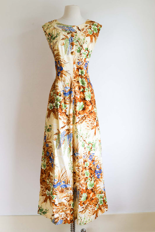 Vintage 1960s to 1970s Maxi Dress - HAWAIIAN VOLUP! Designer Polished Cotton w Water + Tree Scene Size L to XL