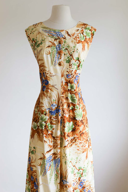 Vintage 1960s to 1970s Maxi Dress - HAWAIIAN VOLUP! Designer Polished Cotton w Water + Tree Scene Size L to XL