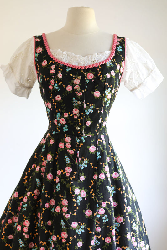 Vintage 1950s Dress - Black Pink Blue Rose Floral Cotton German Oktoberfest Dirndl Folk Sundress Size M