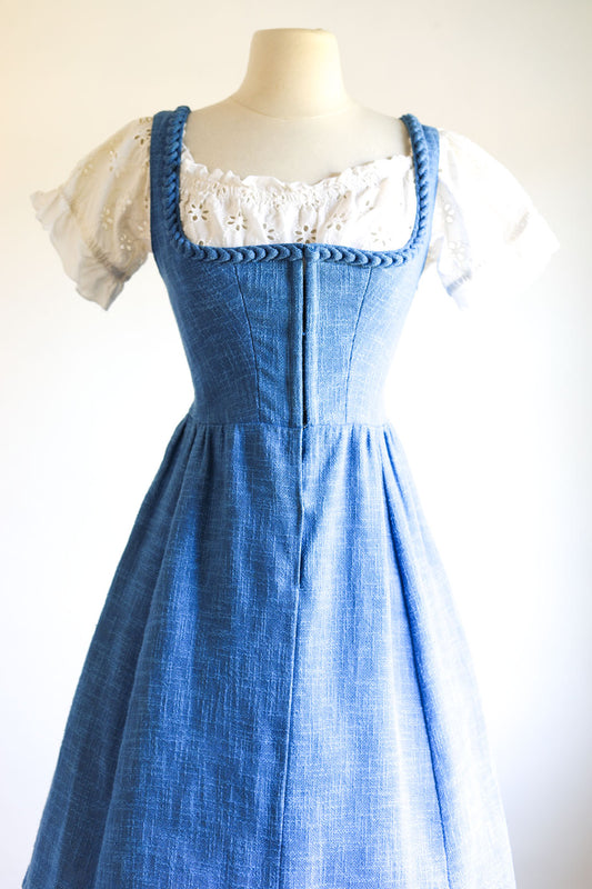 Vintage 1960s Dress - Wedgewood Blue Woven Cotton German Oktoberfest Dirndl Folk Corset Sundress Size S