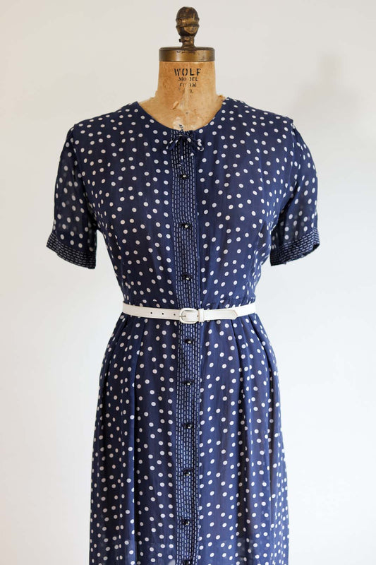 Vintage 1940s Slinky Rayon Dress - VOLUP! Semi-Sheer Navy Polka Dot & Dash Print w Bow & Rhinestone Buttons Size XL
