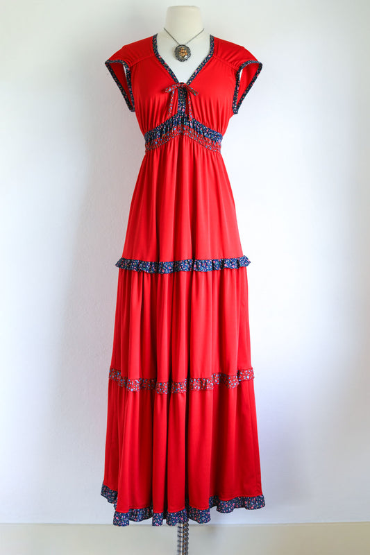Vintage 1970s Dress - Spicy Paprika Red Jody T. of California Jersey Maxi Gown Sundress Size M to L