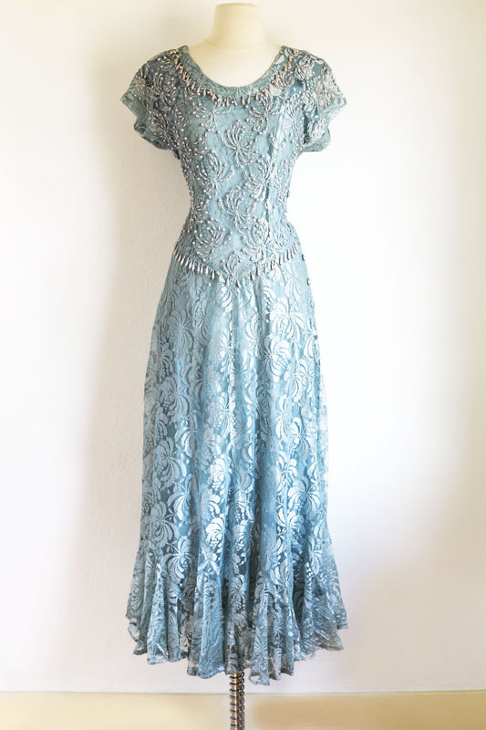 Vintage 1990s does 1930s Dress - Gorgeous Deadstock/NWT Hand-Beaded Lace Rayon Cotton Indian Gown Mermaid Size M