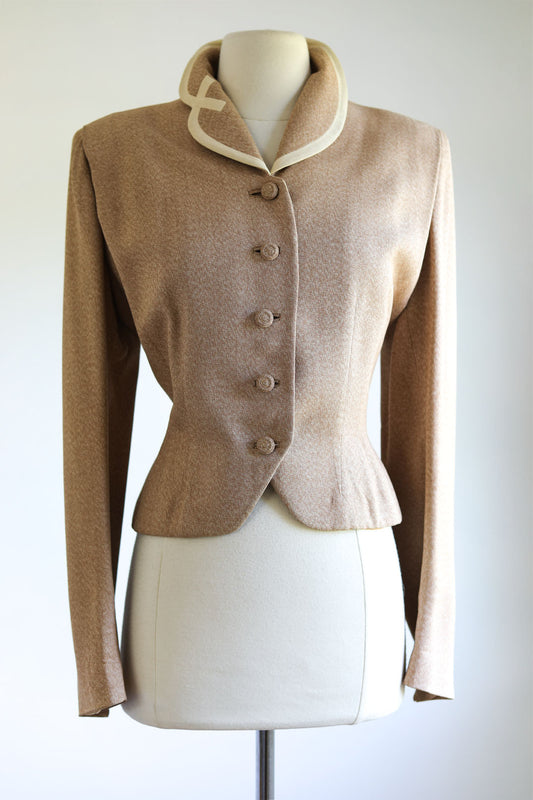 Vintage 1950s Jacket - Volup! Stunning Fawn Speckle Sculpted Blazer w Big Shoulders Size L to XL