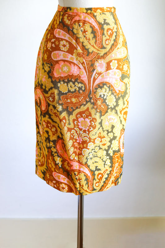 Vintage 1960s Skirt - Killer Butcher Linen Marigold + Pink Baroque Print Sheath Skirt Size S