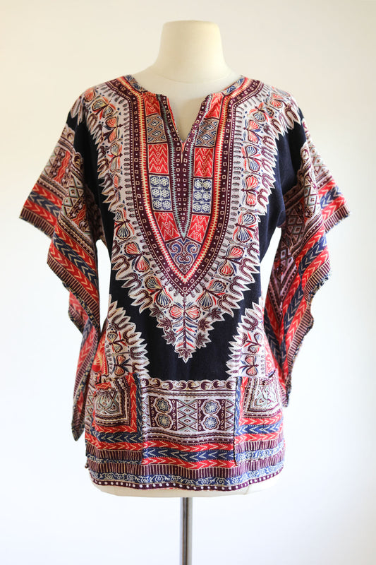 Vintage 1970s Dashiki Blouse - Block Print Indian Cotton Soft Tunic Top w Pockets Size L to XL