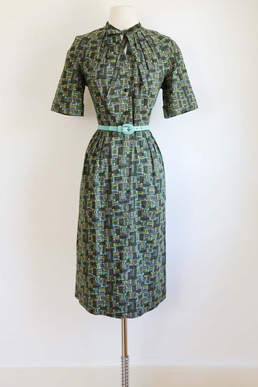 Vintage 1950s Novelty Print Dress - SCARCE and CUTE Olive Green Atomic Tableware Shirtwaist Size M to L
