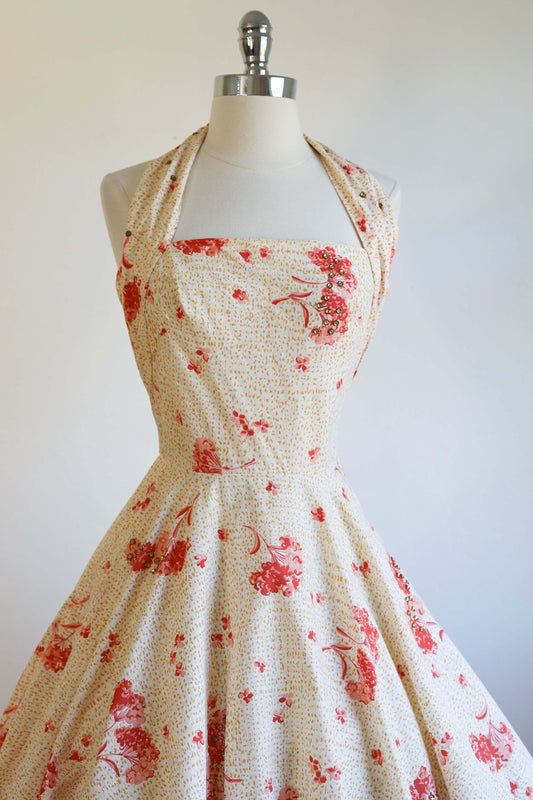 Vintage 1950s Dress - SUPERB Peach + Coral Floral Print Jerry Gilden Halter Sundress w Metal Studs Size XS