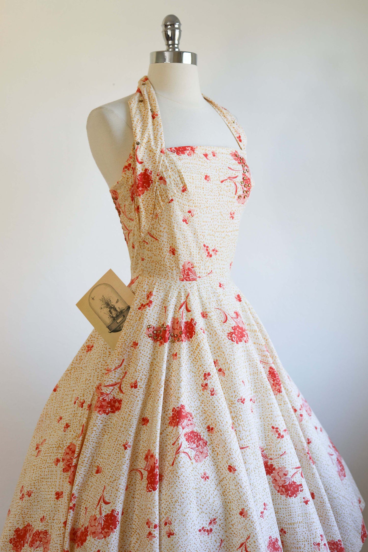Vintage 1950s Dress - SUPERB Peach + Coral Floral Print Jerry Gilden Halter Sundress w Metal Studs Size XS