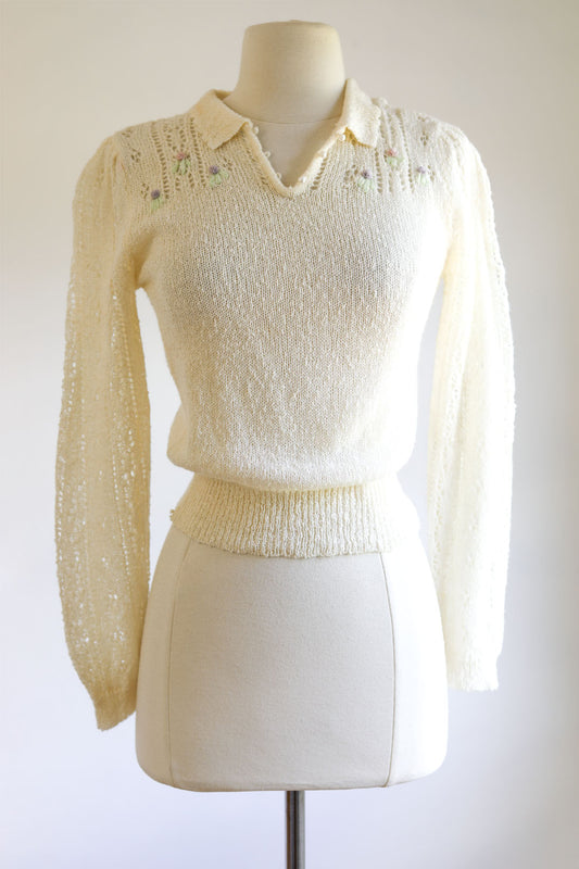 Vintage 1970s Sweater - Adorable Creme with Pastel Embroidery Pullover Pointelle Top Size S to M