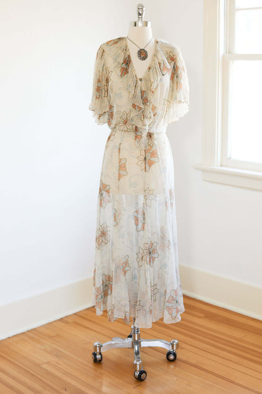 Vintage Y2K Dress - RARE Jovovich Hawk 1930s Ethereal DREAM Maxi Gown Cream w Soft Muted Print in Fluttery Chiffon Silk Size XS to M