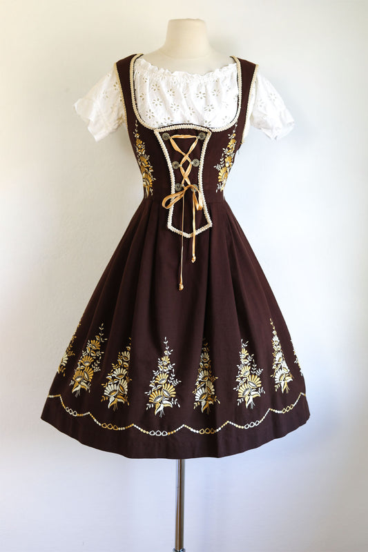 Vintage 1960s to 1970s Dress - German Austrian Espresso w Gold Embroidery Floral Cotton Oktoberfest Dirndl Folk Corset Sundress Size M to L