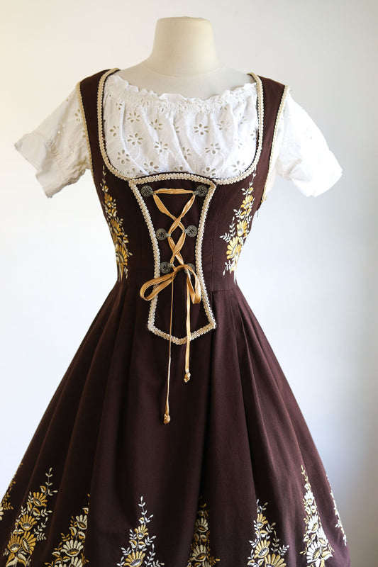 Vintage 1960s to 1970s Dress - German Austrian Espresso w Gold Embroidery Floral Cotton Oktoberfest Dirndl Folk Corset Sundress Size M to L