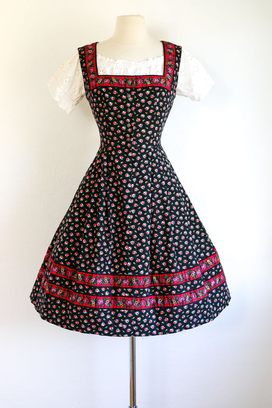 Vintage 1950s to 1960s Dress - Salzburger Trachten Black Pink Red Rose Floral Cotton German Oktoberfest Dirndl Folk Sundress Size M