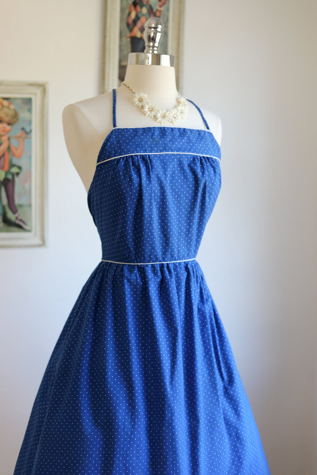 Vintage 1970s to 1980s Byer Too Dress - Blue White Polka Dot Print Rear Lace-up Cotton Blend Sundress Size XS or S