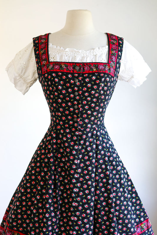 Vintage 1950s to 1960s Dress - Salzburger Trachten Black Pink Red Rose Floral Cotton German Oktoberfest Dirndl Folk Sundress Size M