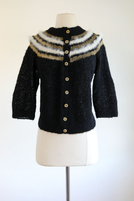 Vintage 1950s Sweater - Shaggy Black Mohair Wool w Angora Bunny Fur Trim + Gold Fishnet Cardigan Size M to L